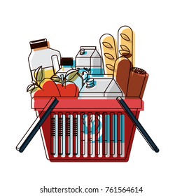shopping basket with foods sausage and bread apples and drinks orange juice and water bottle and milk carton in watercolor silhouette