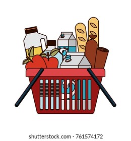 shopping basket with foods sausage and bread apples and drinks orange juice and water bottle and milk carton in colorful silhouette with thin black contour