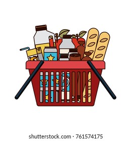 shopping basket with foods sausage and bread apples and drinks orange juice and water bottle and lacteal in colorful silhouette with thin black contour