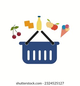 Shopping basket with foods. Vector illustration