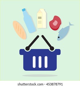 Shopping basket with foods. Vector illustration