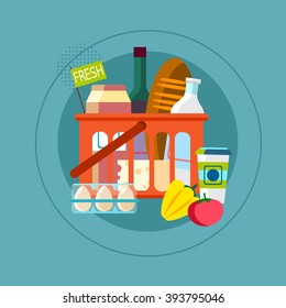 Shopping Basket With Fresh Dairy Food Goods Flat Vector Illustration