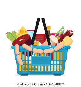 Shopping basket with fresh food and drink.Buy grocery in the supermarket. Vector flat design illustration