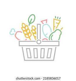 Shopping basket with fresh food and drink. Buy grocery in the supermarket. Commodity bundle. Line pictogram, logotype, symbol, sign. Vector illustration isolated on a white background. 