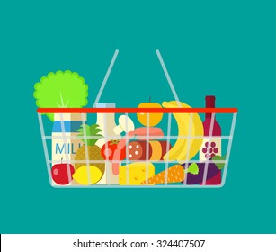 Shopping basket with fresh food and drink. Vector flat design illustration