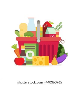 Shopping basket with fresh food and drink.Buy grocery in the supermarket. Vector flat design illustration