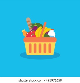 Shopping basket with fresh food and drink.Buy grocery in the supermarket. Vector flat design illustration on blue background