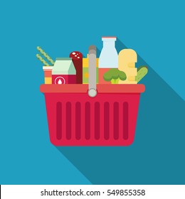 Shopping basket with fresh food and drink. Buy grocery in the supermarket. Vector flat design illustration