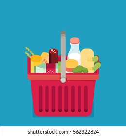 Shopping basket with fresh food and drink.Buy grocery in the supermarket. Vector flat design illustration