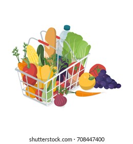 Shopping basket with fresh vegetables, fruit and water bottle, grocery shopping and healthy food concept