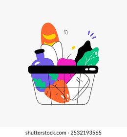 Cesta De La Compra Con Verduras Frescas Y Comestibles En Ilustración vectorial Plana Que Simboliza Compras Saludables, Productos Orgánicos Y Mercaderías, Aisladas Sobre Fondo Blanco