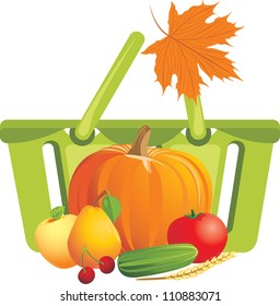 Shopping basket with fruits and vegetables. Vector
