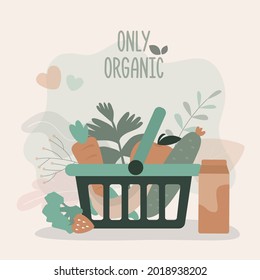 Shopping basket full of assorted organic food. Different eco products. Buy healthy food from groceries. Shop with variety of vegan products. Basket full of fruits and vegetables. Vector illustration