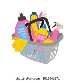 Shopping basket full of cleaning supplies,sponge for washing dishes and household chemicals for kitchen or toilet, spray and soap. Department store goods flat vector cartoon illustration