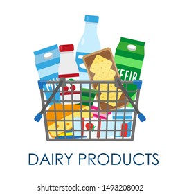 Shopping basket full of dairy products. Vector illustration.