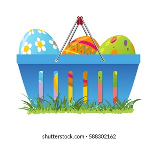 Shopping basket full of decorative easter eggs, vector illustration