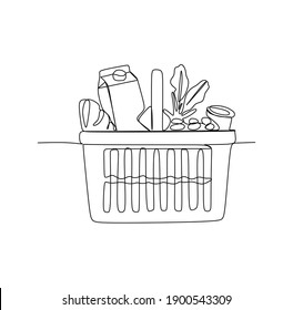 Shopping basket full of fresh groceries. Continuous one line drawing