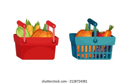 Shopping Basket Full of Fresh Vegetable from Greengrocery Vector Set