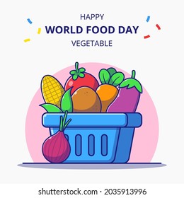 Cesta comercial llena de frescas caricaturas de verduras Ilustración Celebraciones del Día Mundial de la Alimentación.