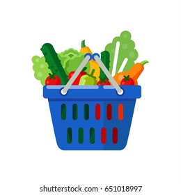 Shopping basket full of a fresh vegetables and fruits: apple and tomato, cabbage, cucumber, pumpkin and pepper. Buy grocery in the supermarket. Vector flat design illustration.