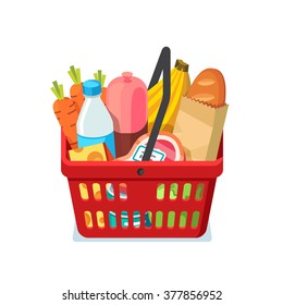 Shopping basket full of groceries. Natural food, meat, milk, cheese and french bread. Modern flat style realistic vector illustration isolated on white background.