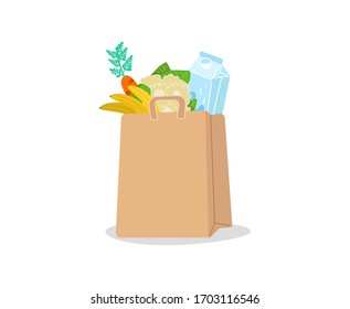 Shopping basket full of groceries products. Grocery store. Eco shopping bags and baskets with food. Vector supermarket illustration