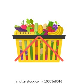 Shopping basket full of healthy organic fresh and natural food. Vegan food concept. Vector illustration.