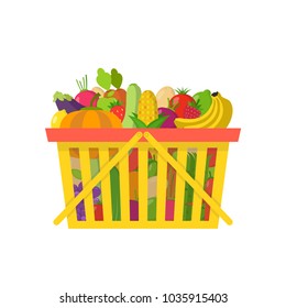 Shopping basket full of healthy organic fresh and natural food. Vegan food concept. Vector illustration.
