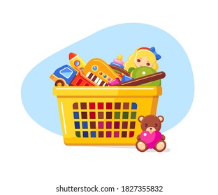 Shopping basket full of kids toys. Vector colorful flat illustration