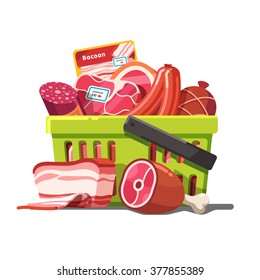 Shopping basket full of meat. Raw and prepared. Modern flat style realistic vector illustration isolated on white background.