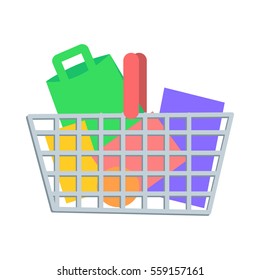 Shopping Basket full of paper bags and boxes flat vector illustration. Make purchases on seasonal sale in supermarket concept isolated on white background. For e-commerce and online shopping app icon