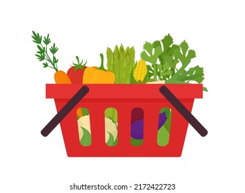 Shopping basket full of vegetables. Vector illustration isolated on white background.