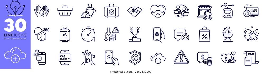 Shopping basket, Gas cylinder and Documents line icons pack. Air conditioning, Card, Coins web icon. Metro, Deflation, Coffee break pictogram. Communication, Leadership, New message. Vector