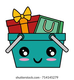 shopping basket with gift and bag kawaii character