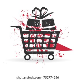 Shopping basket with gift box. Grunge vector illustration