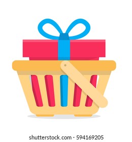 Shopping basket with gift. Flat style vector illustration.
