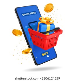 Shopping basket, gift and golden coins fly out from mobile phone screen isolated on white background. Conceptual design for shopping online, advertising of sale, discounts etc. Vector 3d illustration