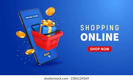 Shopping basket, gift and golden coins fly out from mobile phone screen, on blue background. Conceptual design for shopping online, advertising of sale, discounts etc. Vector 3d illustration