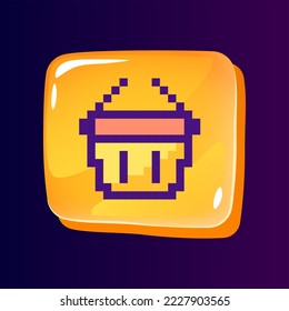 Shopping basket glossy ui button with pixelated color icon. Order from online store. Editable 8bit graphic element on shiny glass rectangle shape. Isolated image for arcade, video game design
