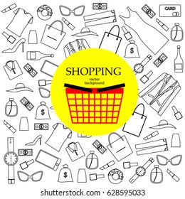 Shopping basket, Goods, products, vector illustration on a theme of shopping, vector background