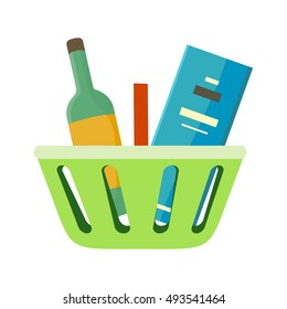 Shopping basket with goods vector in flat style. Green plastic basket with bottle of wine and box. Accessories for trade, selling alcohol illustration for shopping services, app icons, logo design.