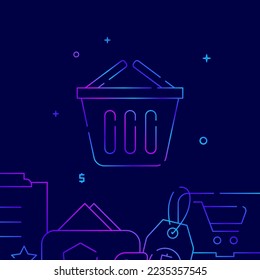 Shopping basket gradient line vector icon, simple illustration on a dark blue background, shopping and delivery related bottom border.
