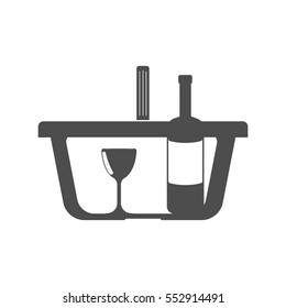 Shopping basket -  grey colour with glass and bottle . Vector eps 10.