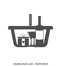 Shopping basket grey colour with present, two glass and bottle. Vector eps 10.