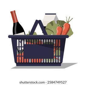 Shopping Basket With Groceries In Flat Vector Illustration Symbolizing Food Shopping, Grocery Store, Retail, And Daily Essentials, Isolated On White Background