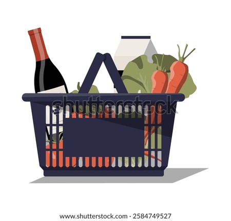 Shopping Basket With Groceries In Flat Vector Illustration Symbolizing Food Shopping, Grocery Store, Retail, And Daily Essentials, Isolated On White Background