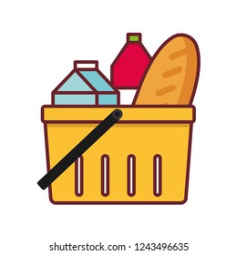 Shopping basket with groceries full of food isolated on white. Line icon illustration