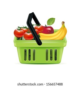 shopping basket and groceries isolated on white