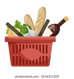 Shopping basket with groceries on white background. Vector illustration