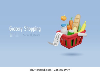 Shopping basket with grocery foods and receipt bill. Online shopping, delivery service, supermarket and discount store. 3D realistic cartoon character. Vector. 